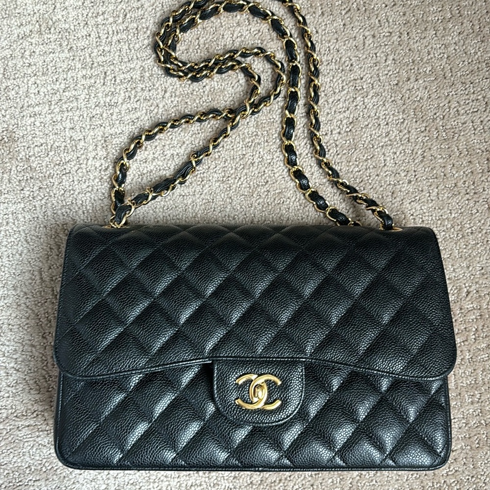 Chanel jumbo black caviar flap bag classic